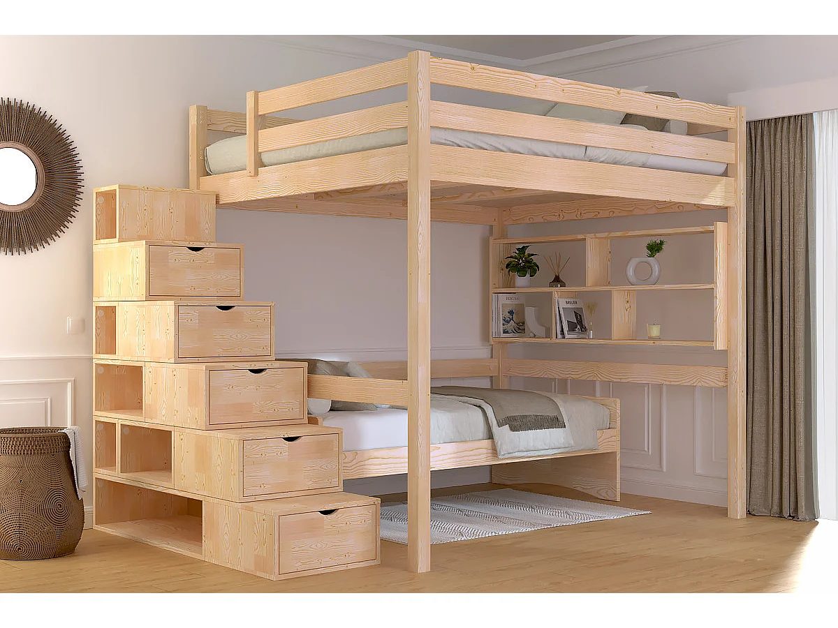 Lit Mezzanine bois 160x200 avec escalier cube Sylvia, Brut (sans vernis)