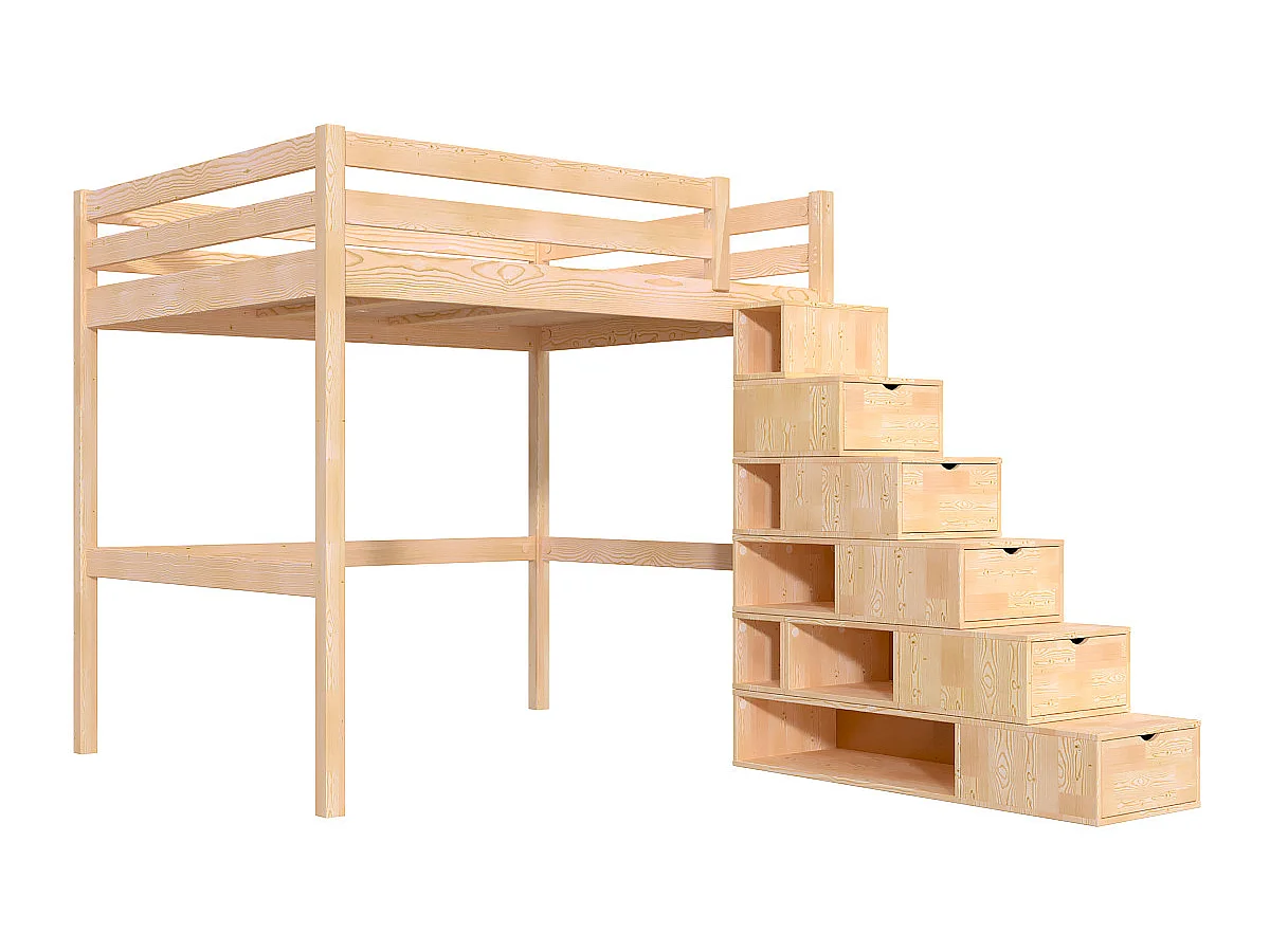 Lit Mezzanine bois 160x200 avec escalier cube Sylvia, Brut (sans vernis)