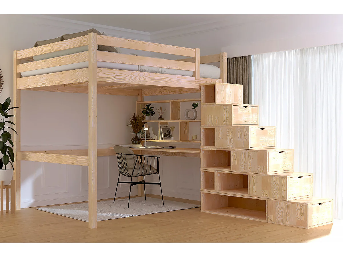 Lit Mezzanine bois 160x200 avec escalier cube Sylvia, Brut (sans vernis)