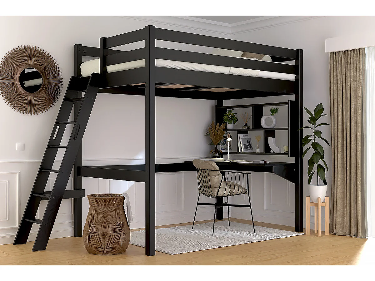 Lit mezzanine 1 place bois Sylvia 120x200 échelle inclinée, Noir