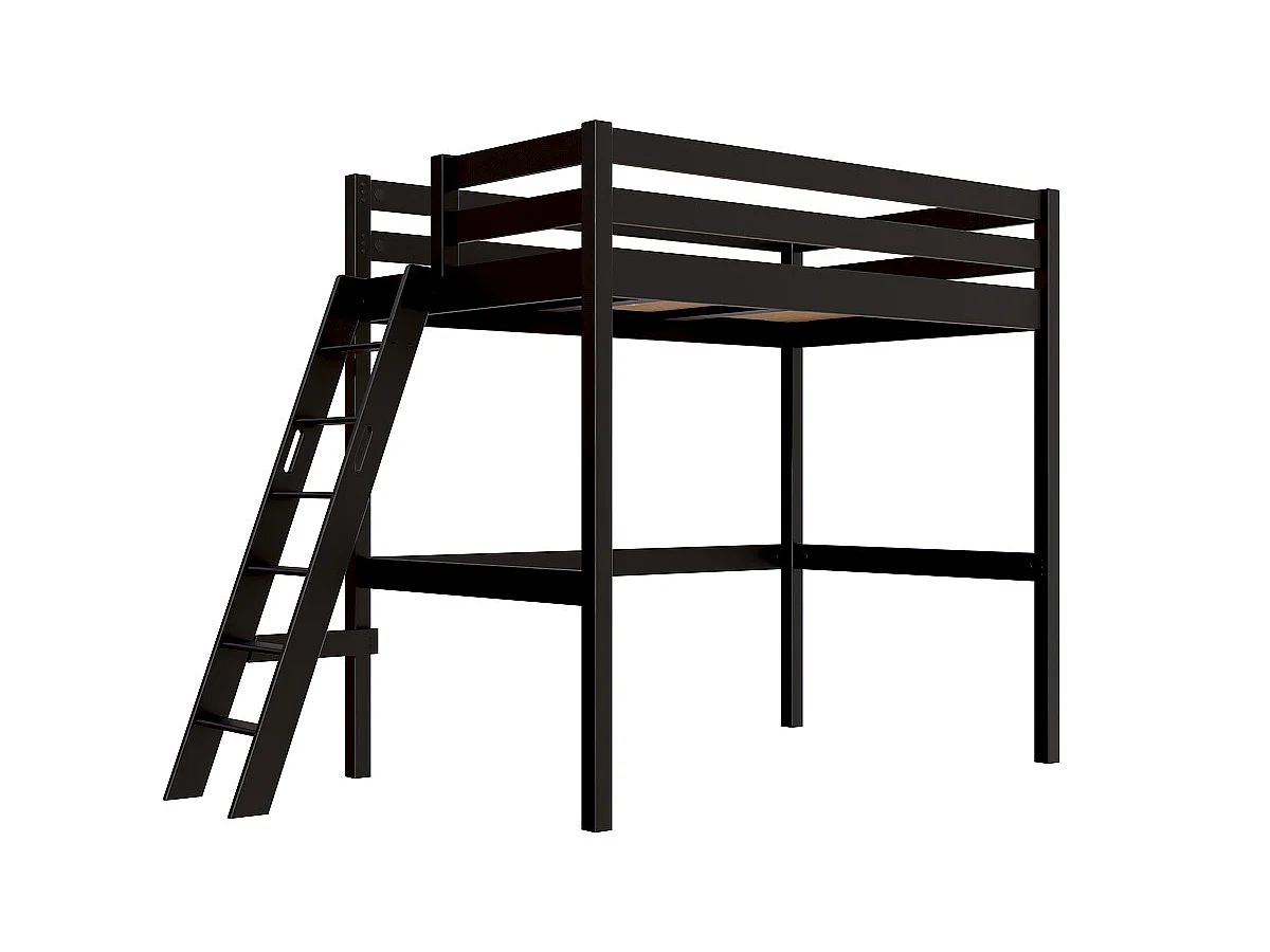 Lit mezzanine 1 place bois Sylvia 120x200 échelle inclinée, Noir