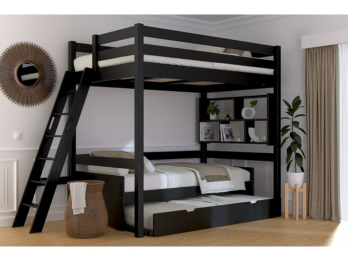 Lit mezzanine 1 place bois Sylvia 120x200 échelle inclinée, Noir