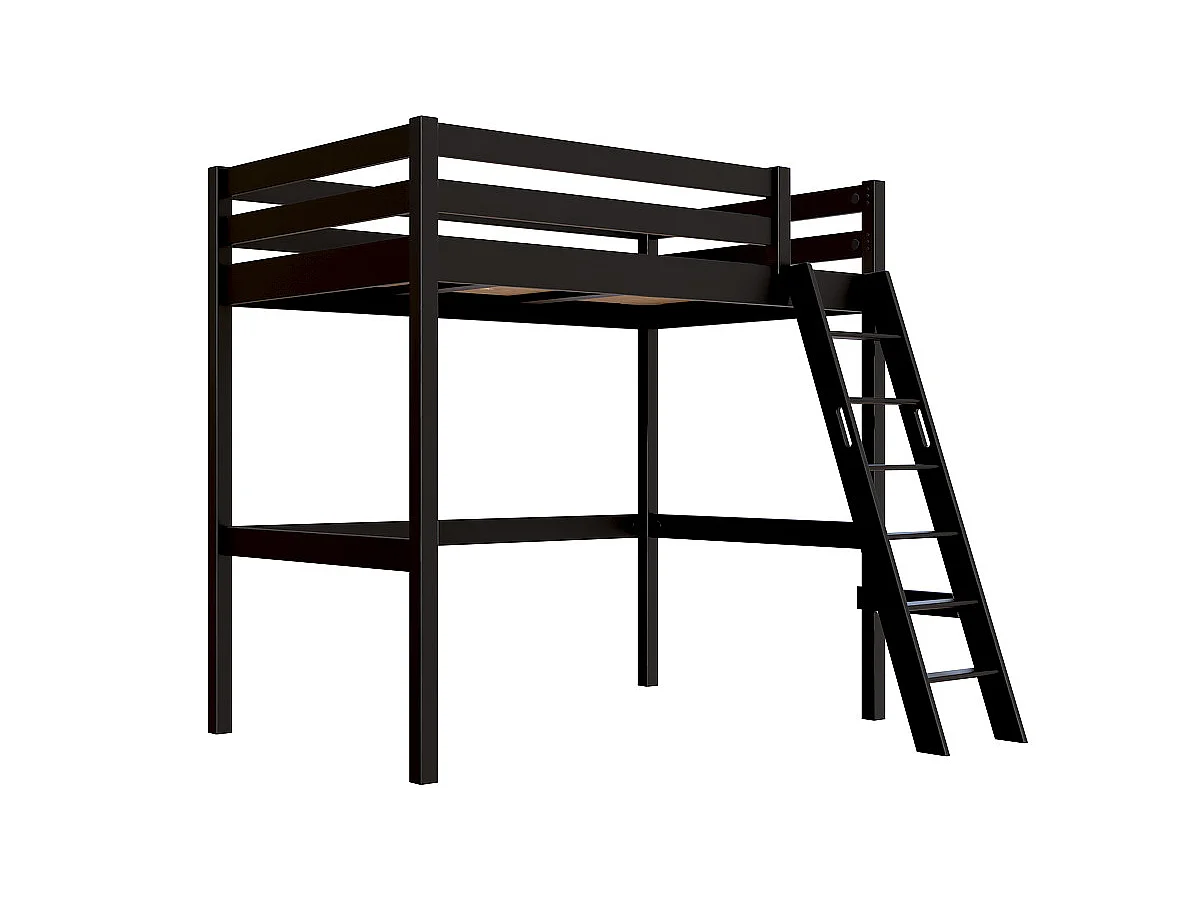 Lit mezzanine 1 place bois Sylvia 120x200 échelle inclinée, Noir