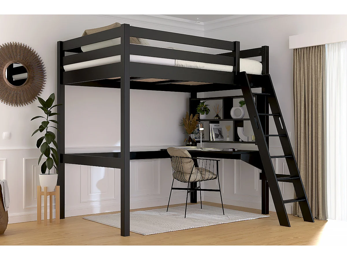 Lit mezzanine 1 place bois Sylvia 120x200 échelle inclinée, Noir