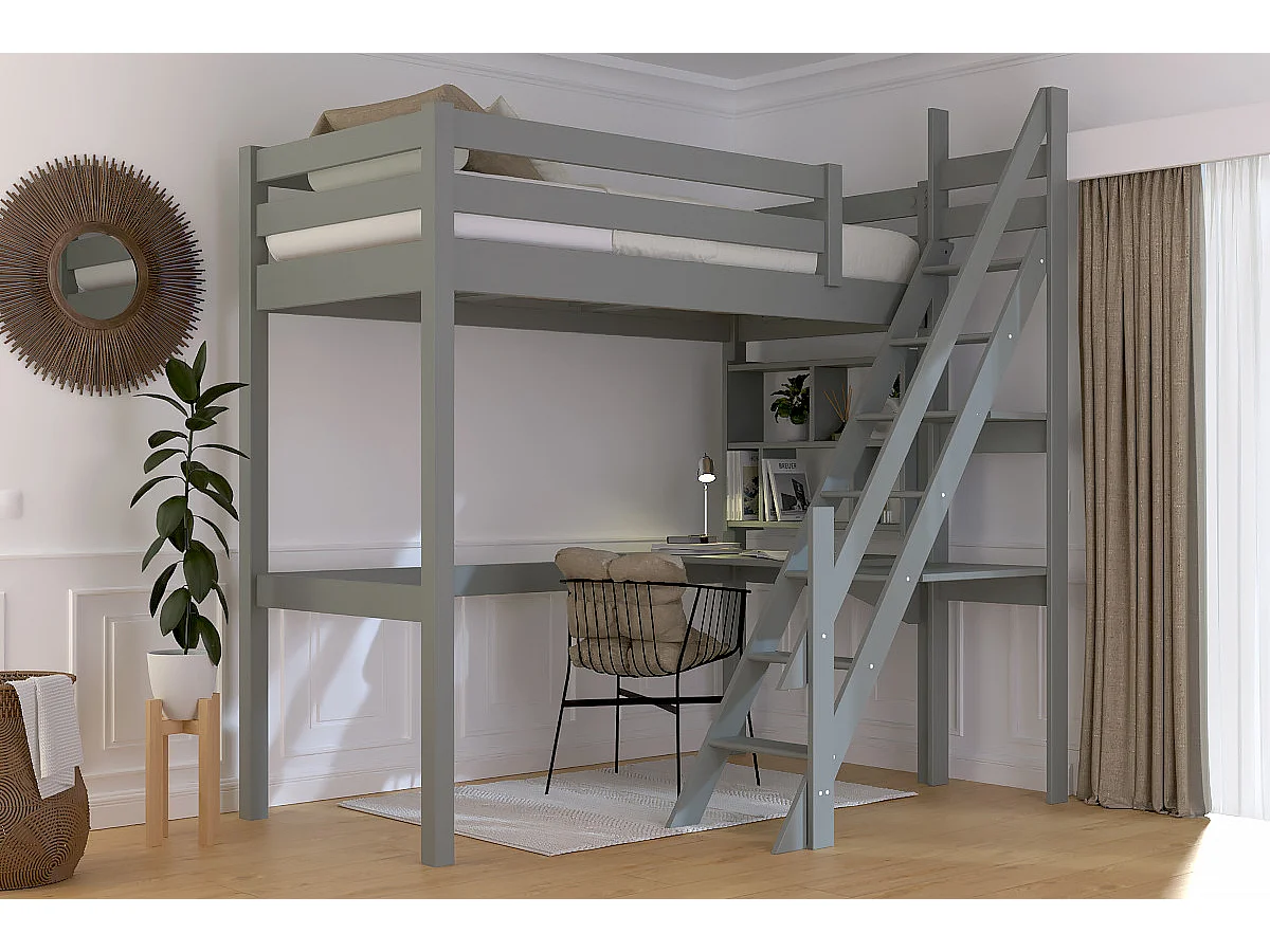 Lit Mezzanine bois Sylvia 90x200 avec escalier de meunier, Gris