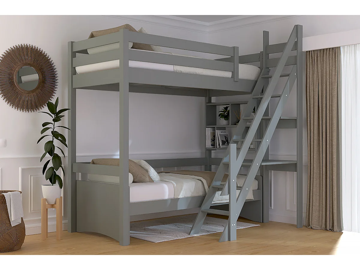 Lit Mezzanine bois Sylvia 90x200 avec escalier de meunier, Gris