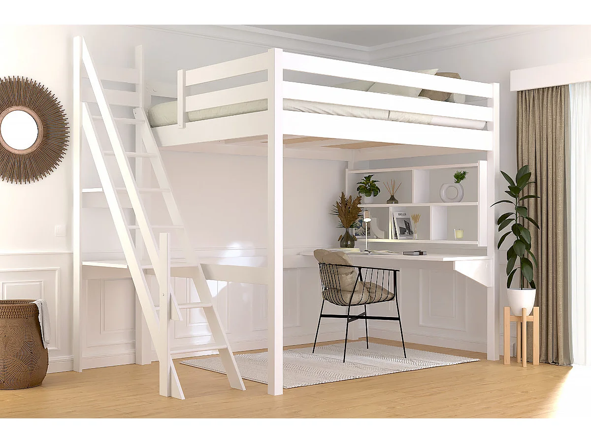 Lit mezzanine bois 140x200 Sylvia avec escalier de meunier, Blanc