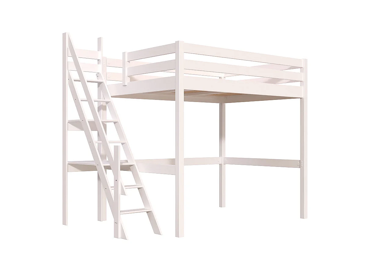 Lit mezzanine bois 140x200 Sylvia avec escalier de meunier, Blanc