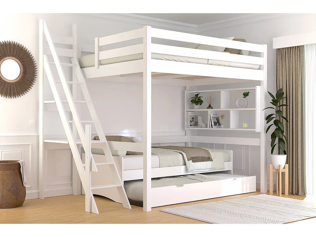 Lit mezzanine bois 140x200 Sylvia avec escalier de meunier, Blanc