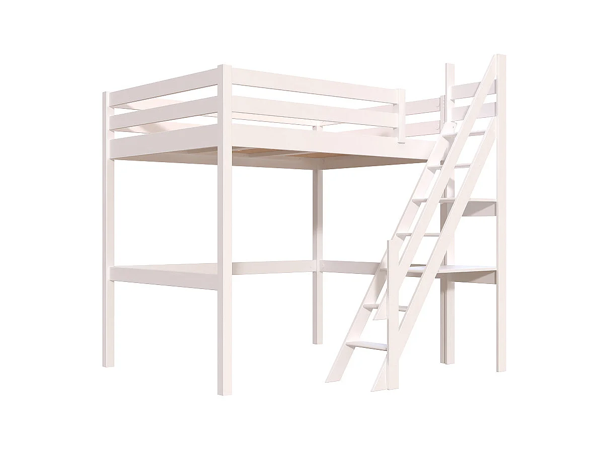 Lit mezzanine bois 140x200 Sylvia avec escalier de meunier, Blanc