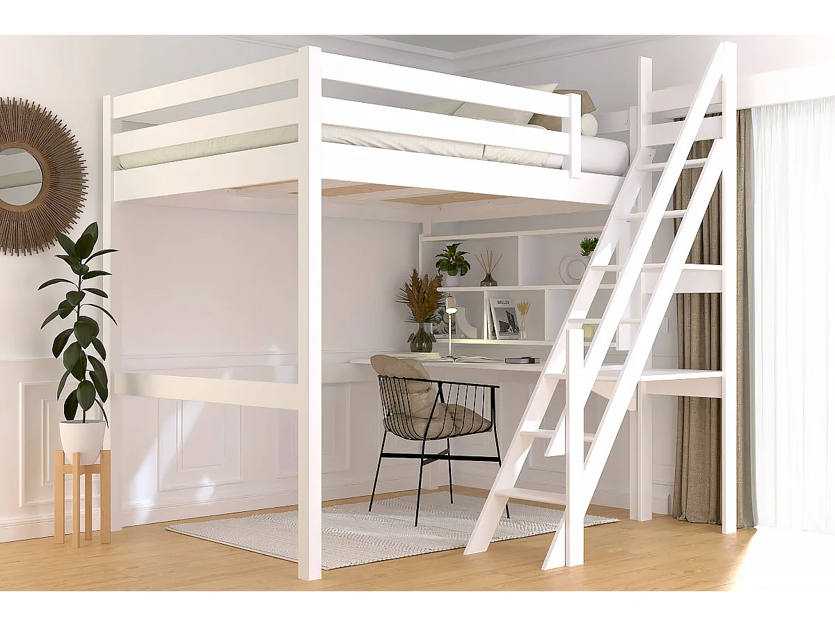 Lit mezzanine bois 140x200 Sylvia avec escalier de meunier, Blanc