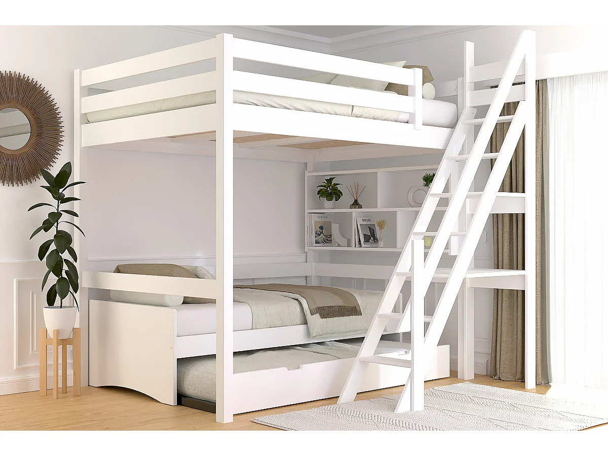 Lit mezzanine bois 140x200 Sylvia avec escalier de meunier, Blanc