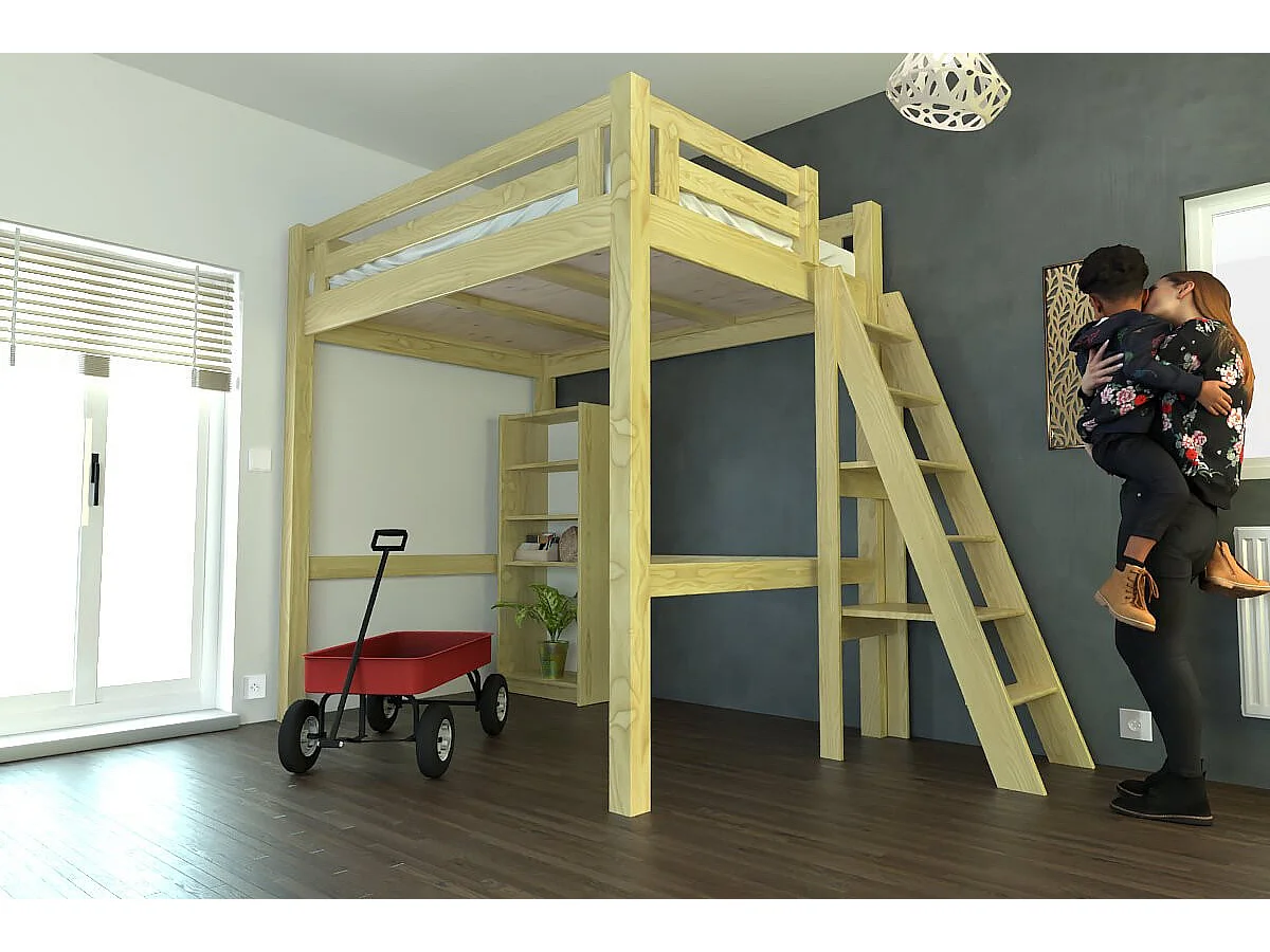 Lit Mezzanine adulte 160x200 bois + échelle hauteur réglable Alpage, Miel