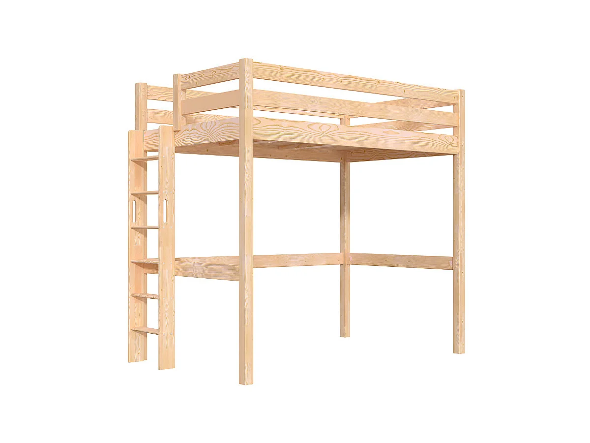 Lit en hauteur 1 place bois Sylvia 120x190 échelle droite, Brut (sans vernis)