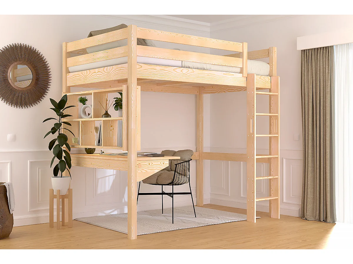 Lit en hauteur 1 place bois Sylvia 120x190 échelle droite, Brut (sans vernis)
