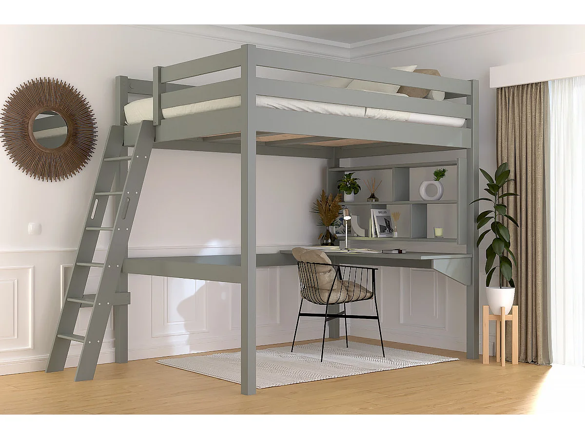 Lit mezzanine 2 places bois Sylvia 140x190 échelle inclinée, Gris