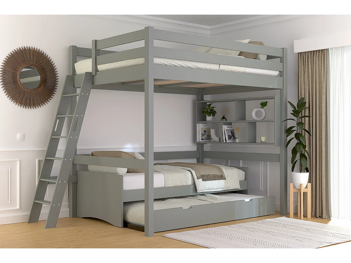 Lit mezzanine 2 places bois Sylvia 140x190 échelle inclinée, Gris