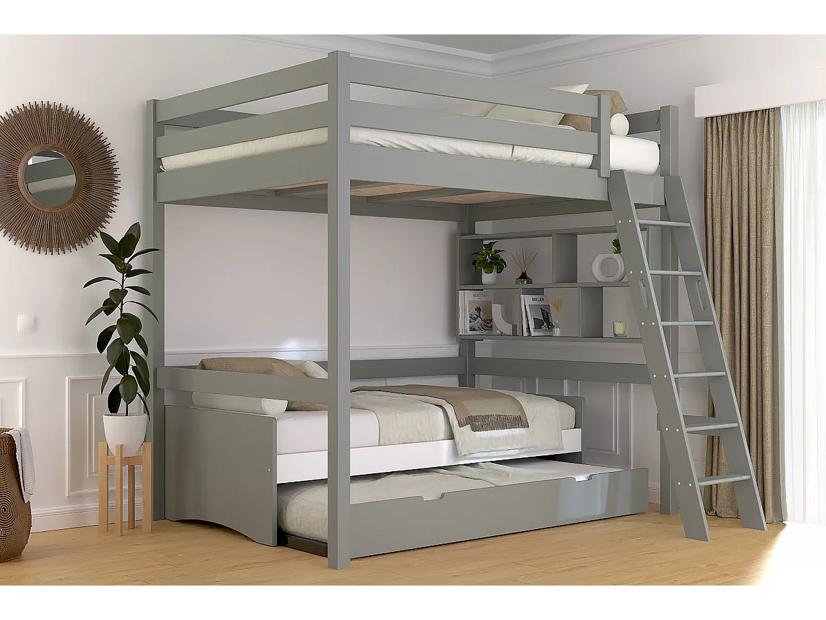 Lit mezzanine 2 places bois Sylvia 140x190 échelle inclinée, Gris
