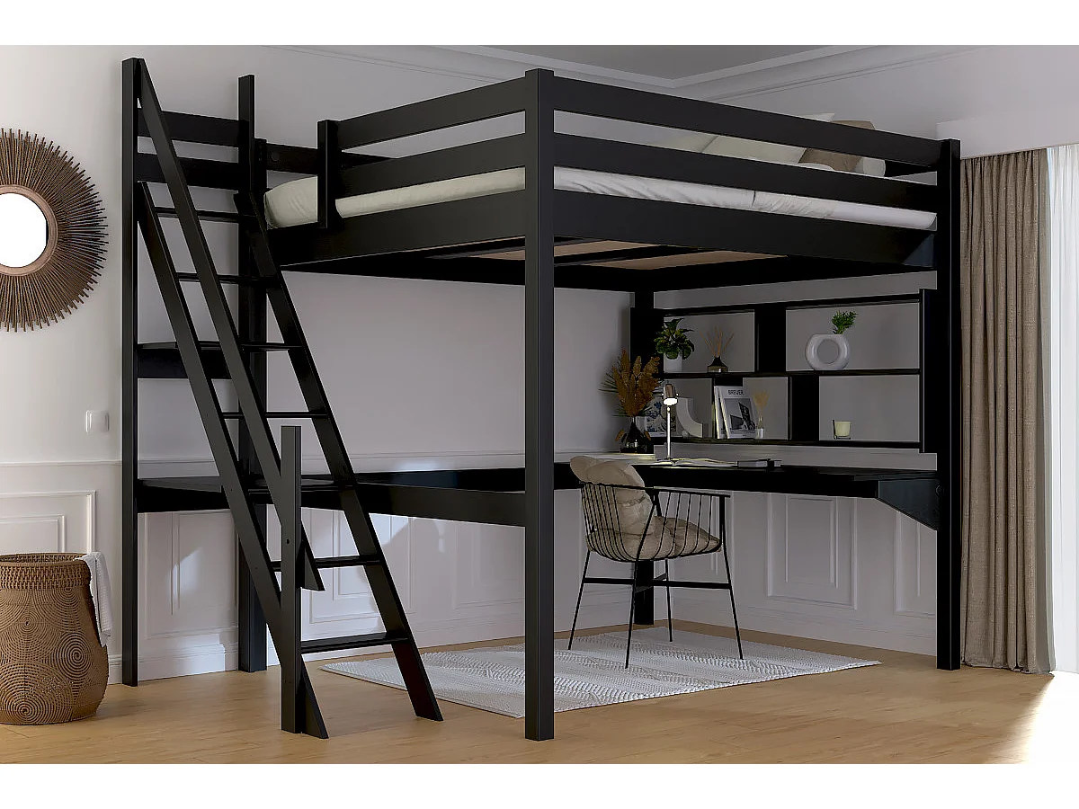 Lit Mezzanine bois 160x200 Sylvia avec escalier de meunier, Noir