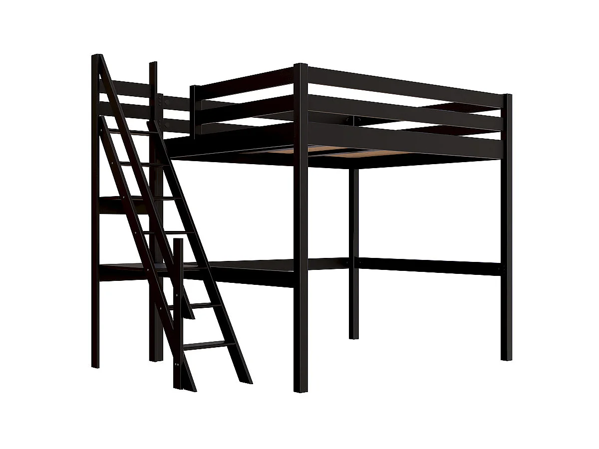 Lit Mezzanine bois 160x200 Sylvia avec escalier de meunier, Noir