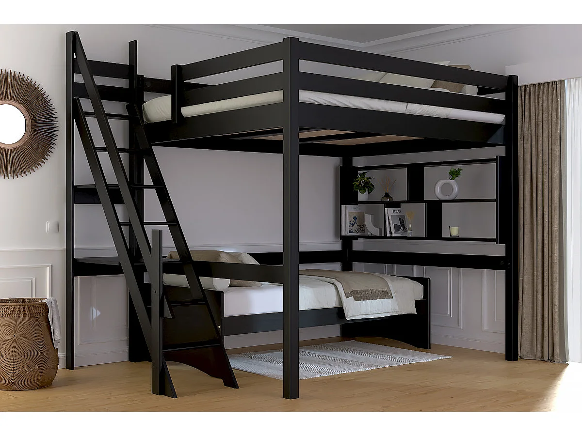 Lit Mezzanine bois 160x200 Sylvia avec escalier de meunier, Noir