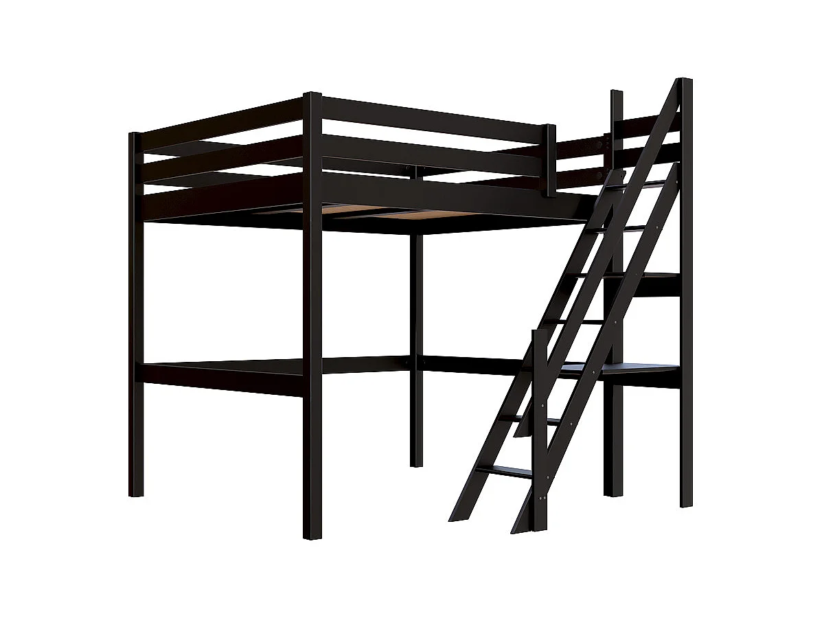 Lit Mezzanine bois 160x200 Sylvia avec escalier de meunier, Noir