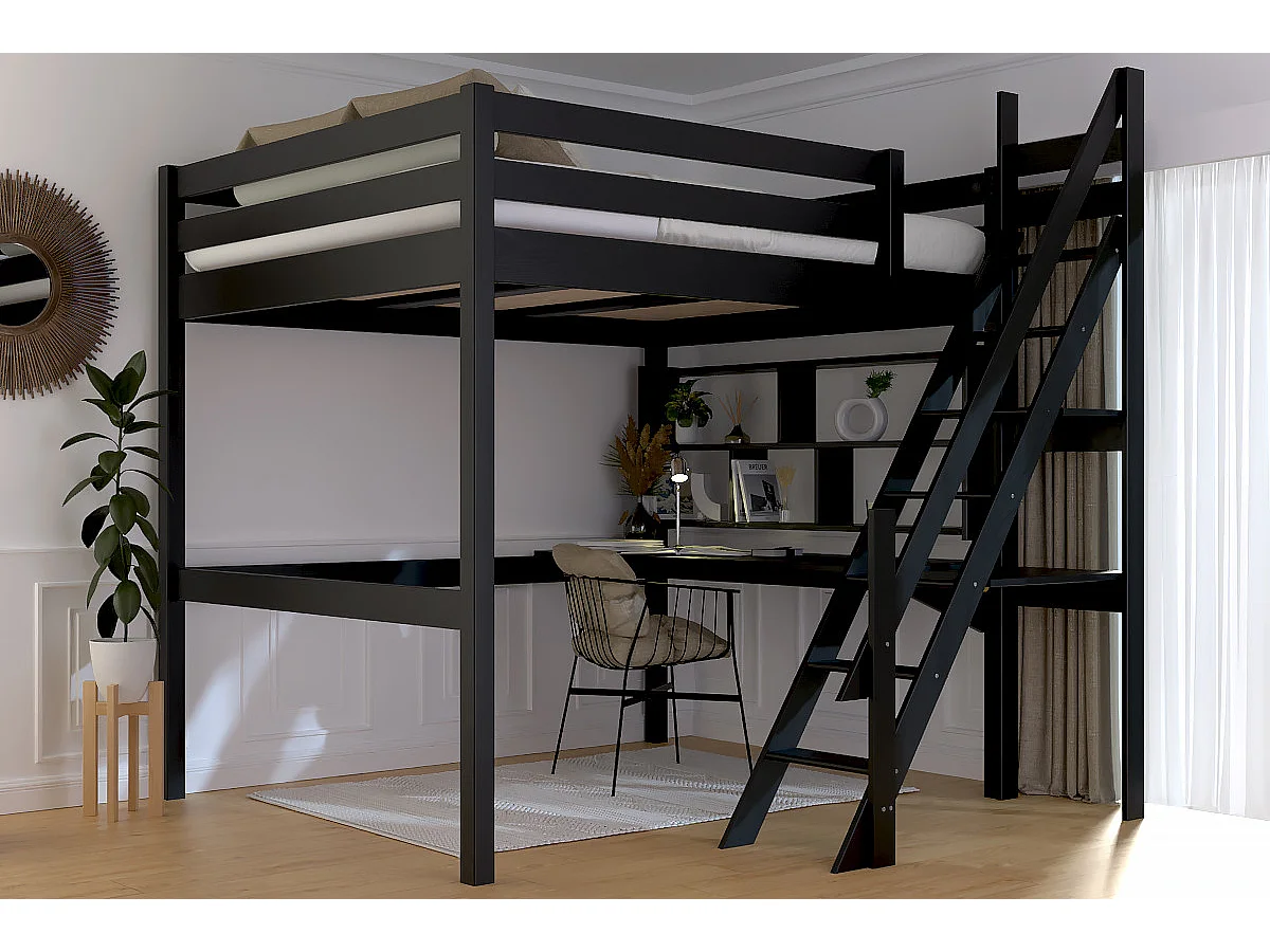 Lit Mezzanine bois 160x200 Sylvia avec escalier de meunier, Noir