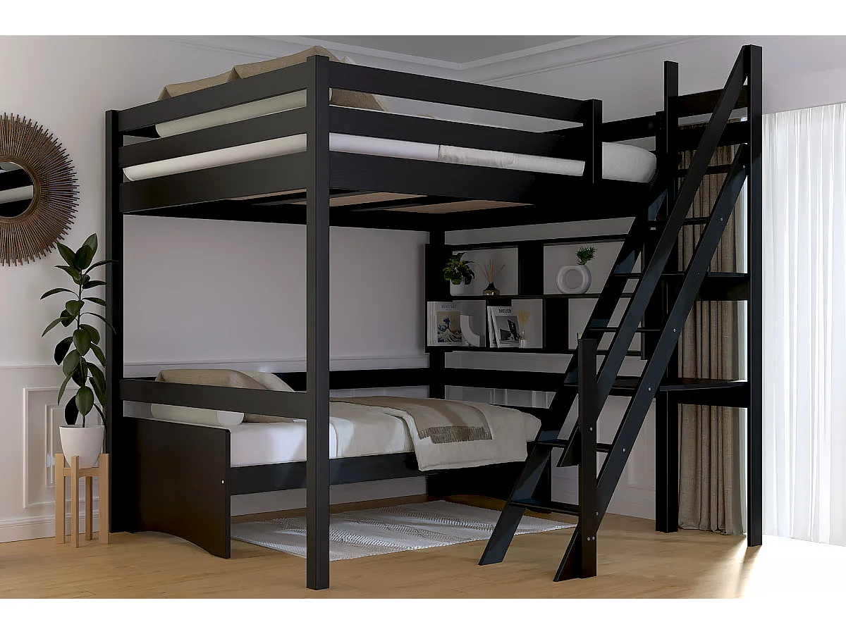 Lit Mezzanine bois 160x200 Sylvia avec escalier de meunier, Noir