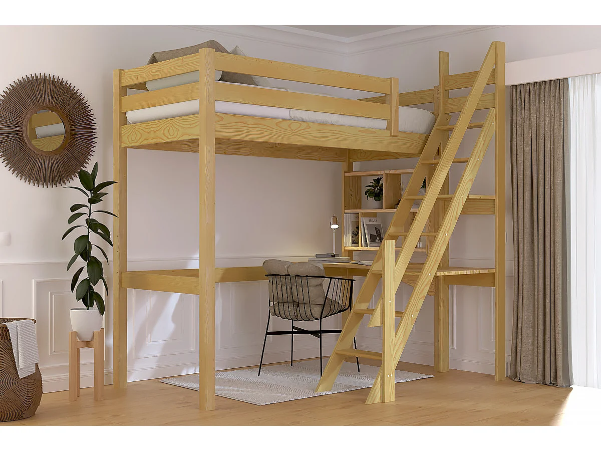 Lit Mezzanine bois Sylvia 90x200 avec escalier de meunier, Miel