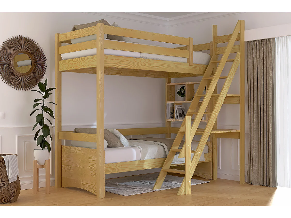 Lit Mezzanine bois Sylvia 90x200 avec escalier de meunier, Miel
