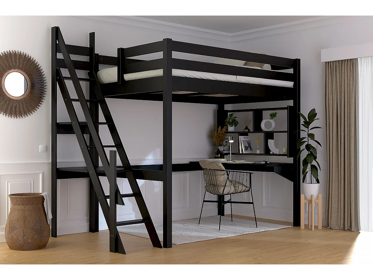 Lit mezzanine bois 120x200 Sylvia avec escalier de meunier, Noir