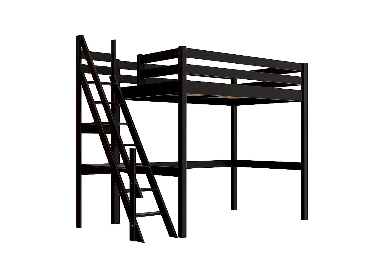 Lit mezzanine bois 120x200 Sylvia avec escalier de meunier, Noir