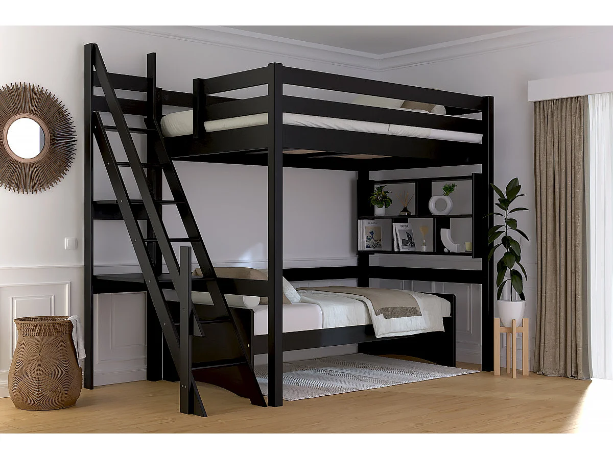 Lit mezzanine bois 120x200 Sylvia avec escalier de meunier, Noir