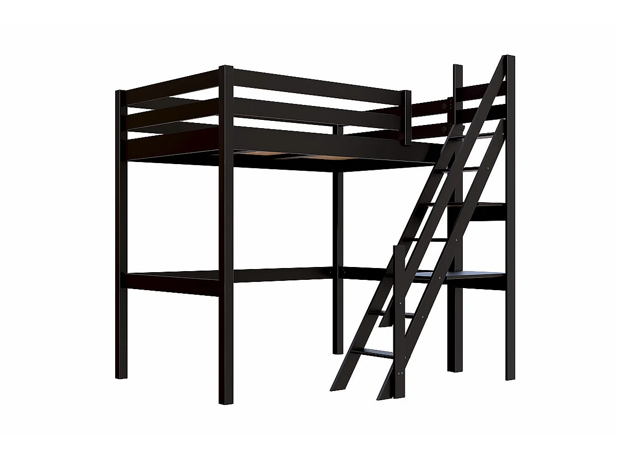 Lit mezzanine bois 120x200 Sylvia avec escalier de meunier, Noir