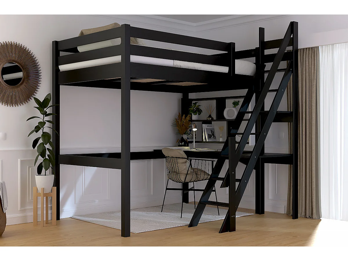 Lit mezzanine bois 120x200 Sylvia avec escalier de meunier, Noir