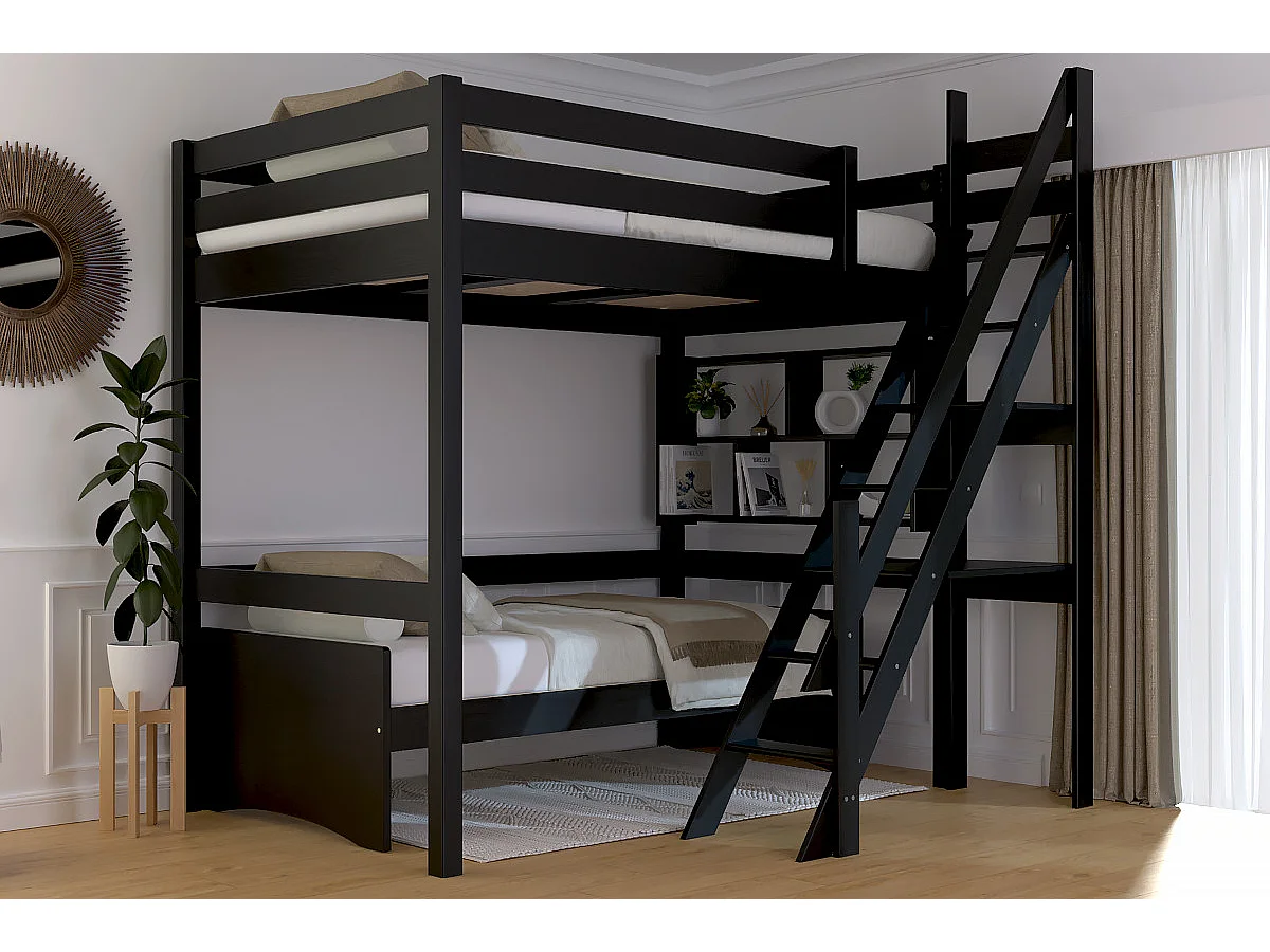 Lit mezzanine bois 120x200 Sylvia avec escalier de meunier, Noir