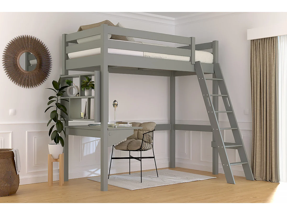 Lit mezzanine 1 place bois Sylvia 90x200 échelle inclinée, Gris