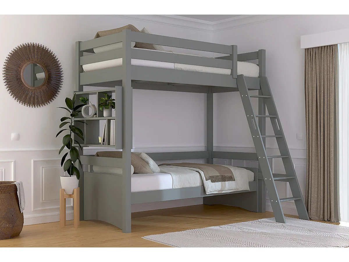 Lit mezzanine 1 place bois Sylvia 90x200 échelle inclinée, Gris