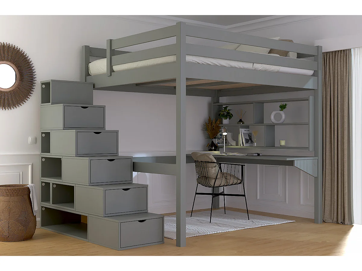 Lit Mezzanine bois 160x200 avec escalier cube Sylvia, Gris