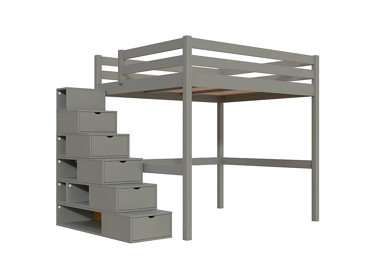 Lit Mezzanine bois 160x200 avec escalier cube Sylvia, Gris