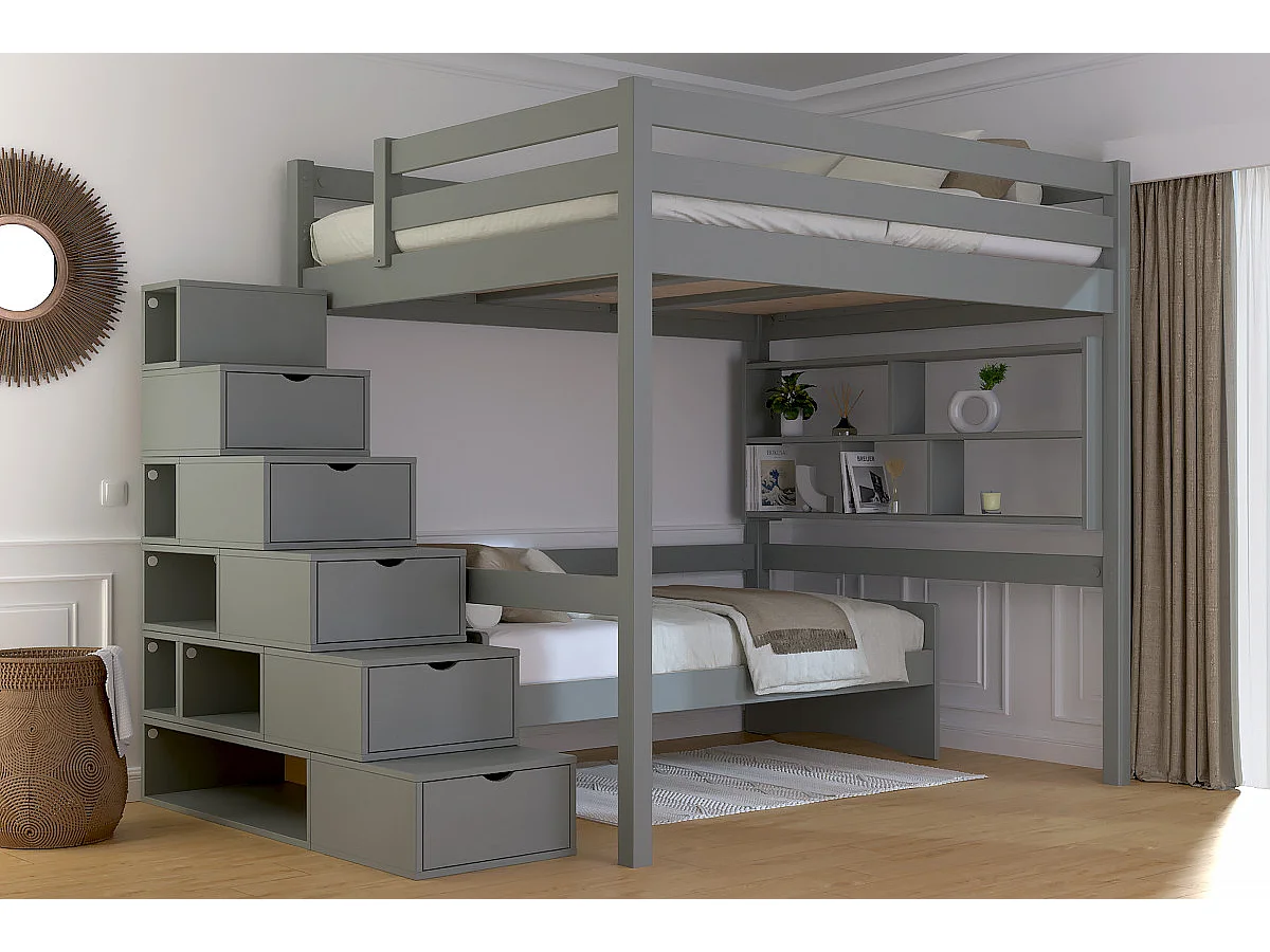 Lit Mezzanine bois 160x200 avec escalier cube Sylvia, Gris