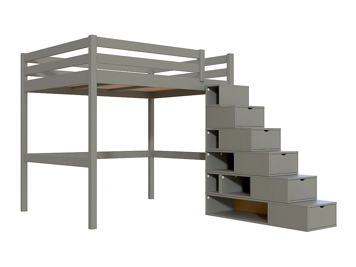 Lit Mezzanine bois 160x200 avec escalier cube Sylvia, Gris