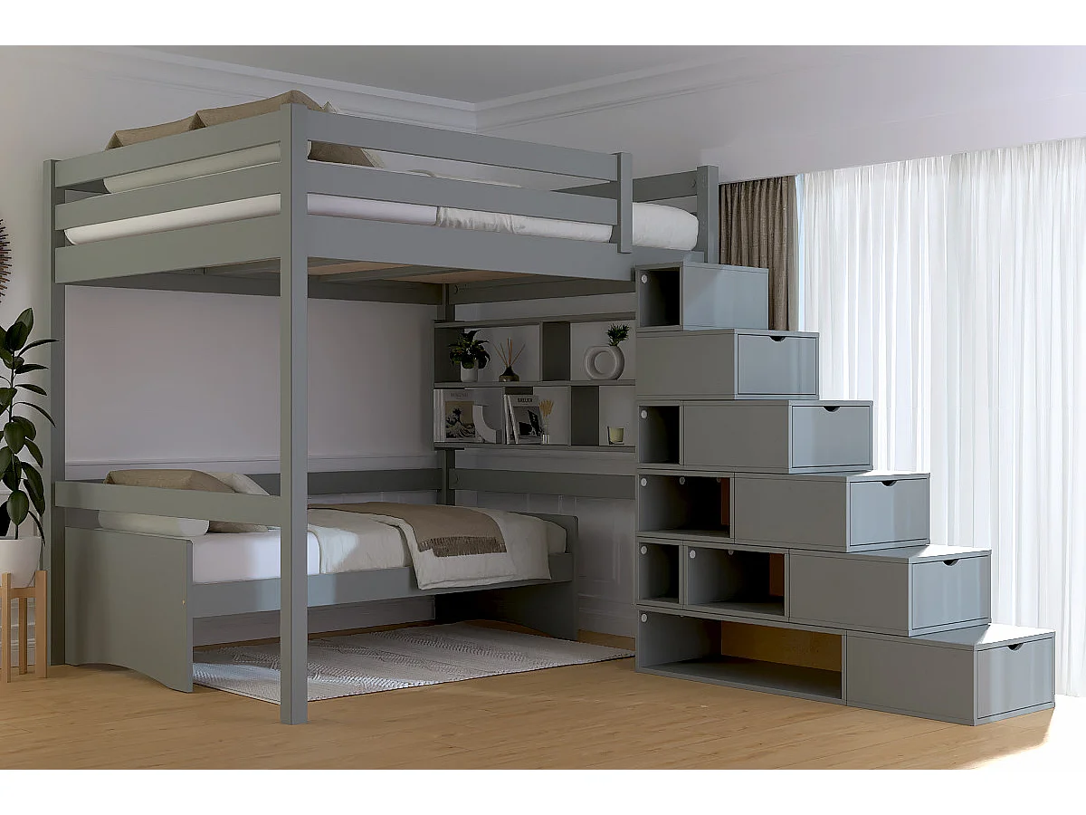 Lit Mezzanine bois 160x200 avec escalier cube Sylvia, Gris