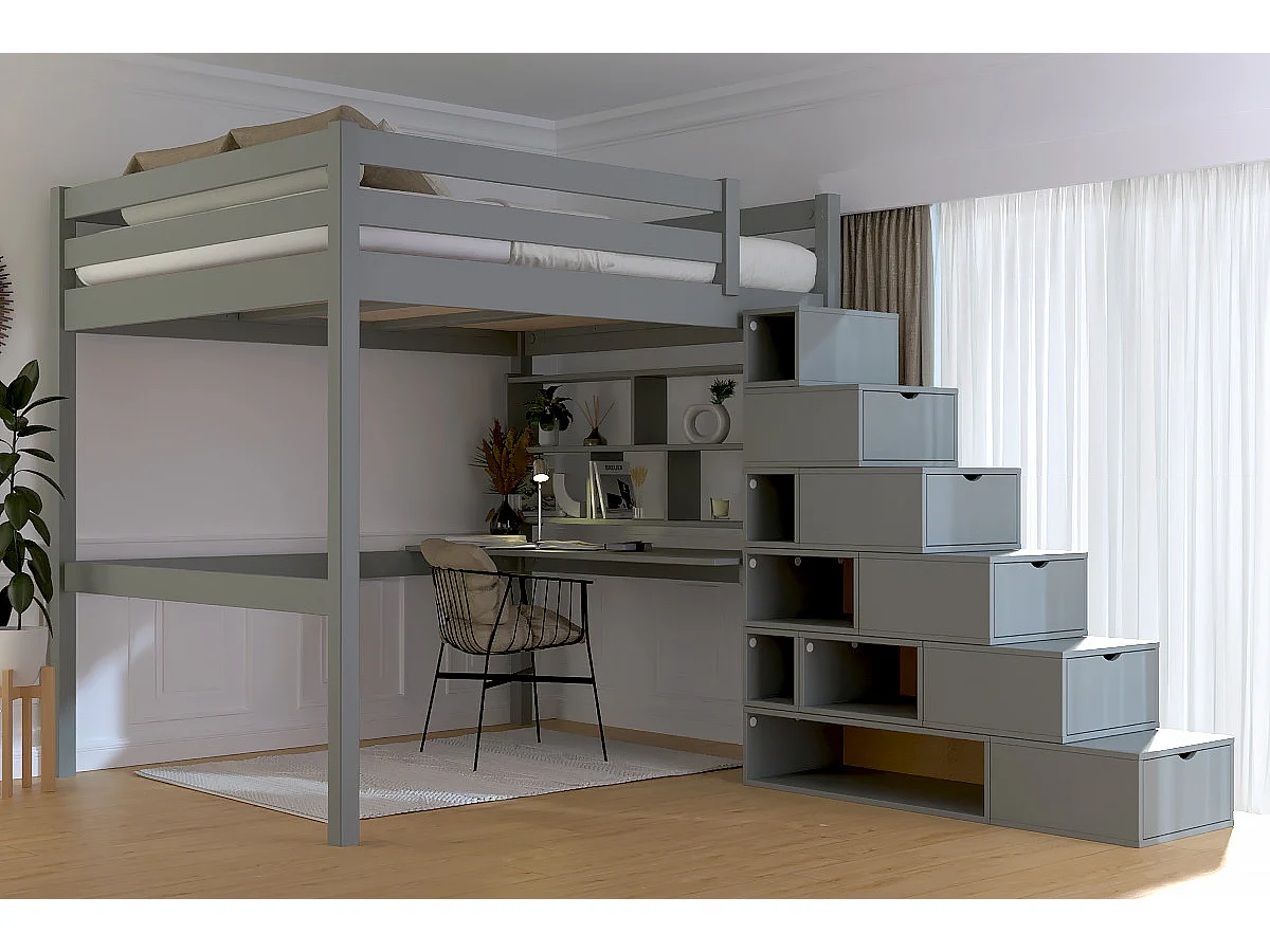 Lit Mezzanine bois 160x200 avec escalier cube Sylvia, Gris