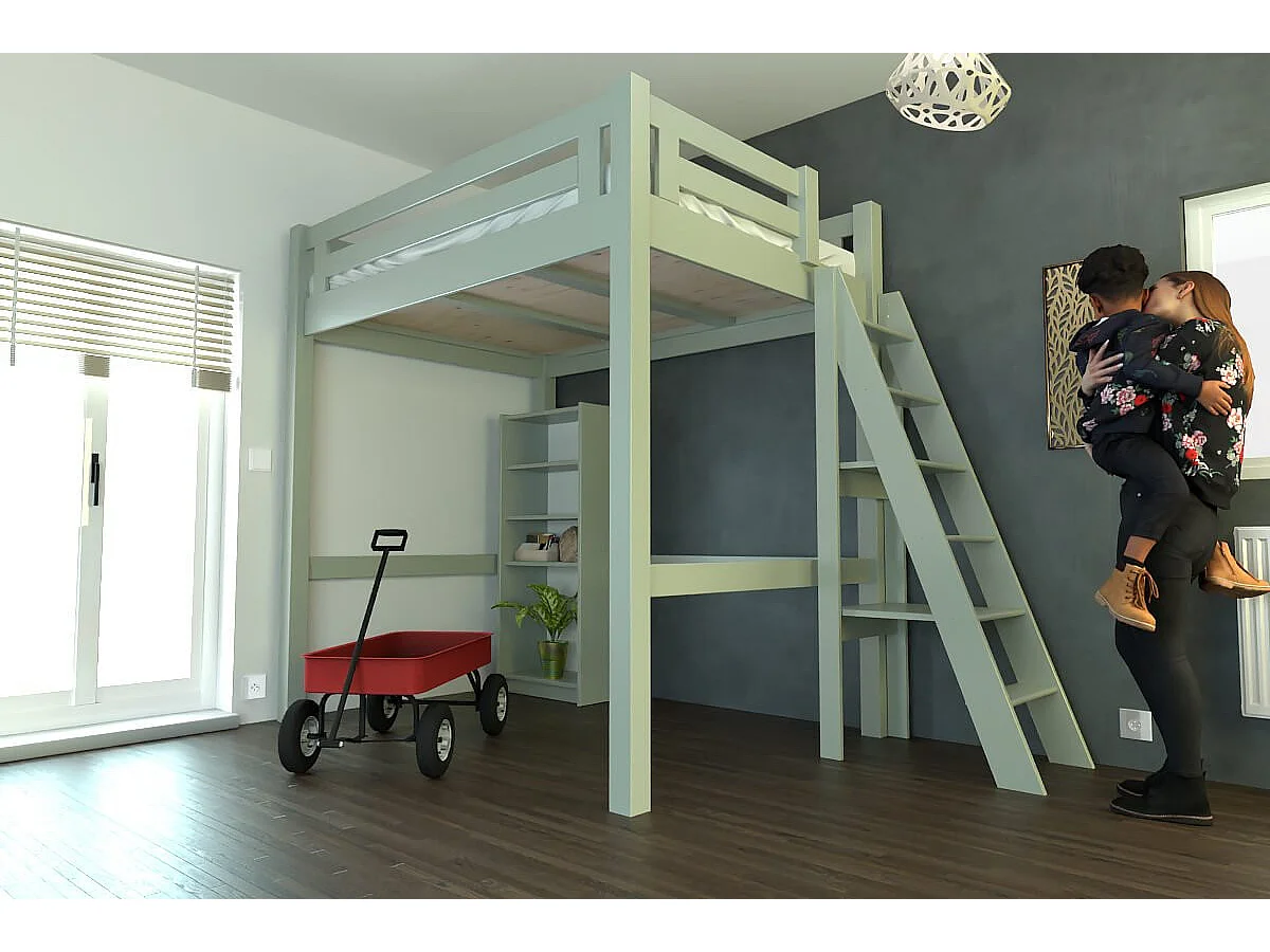 Lit Mezzanine adulte 140x200 bois + échelle hauteur réglable Alpage, Gris