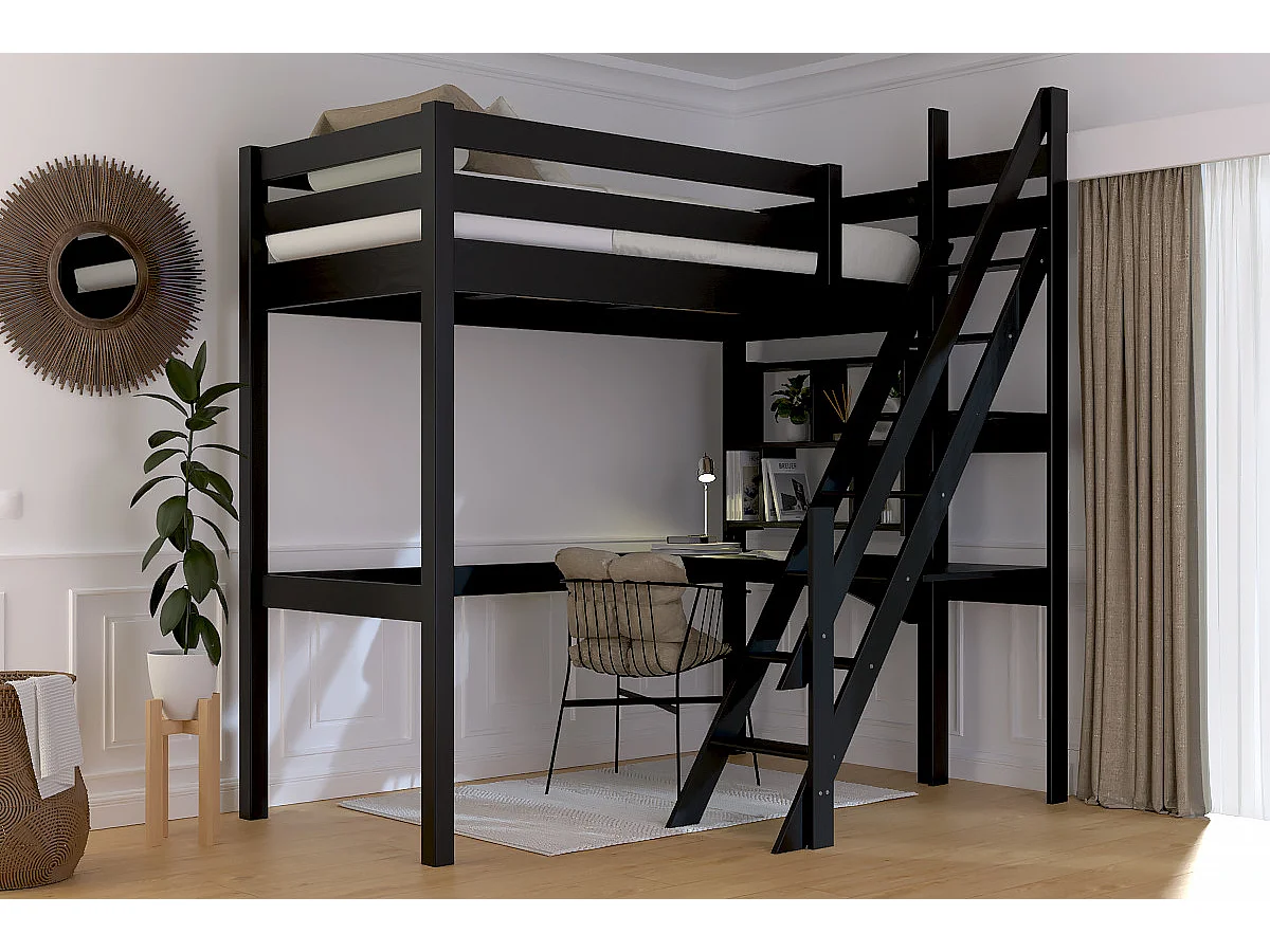 Lit Mezzanine bois Sylvia 90x200 avec escalier de meunier, Noir