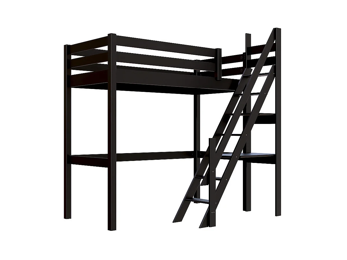 Lit Mezzanine bois Sylvia 90x200 avec escalier de meunier, Noir