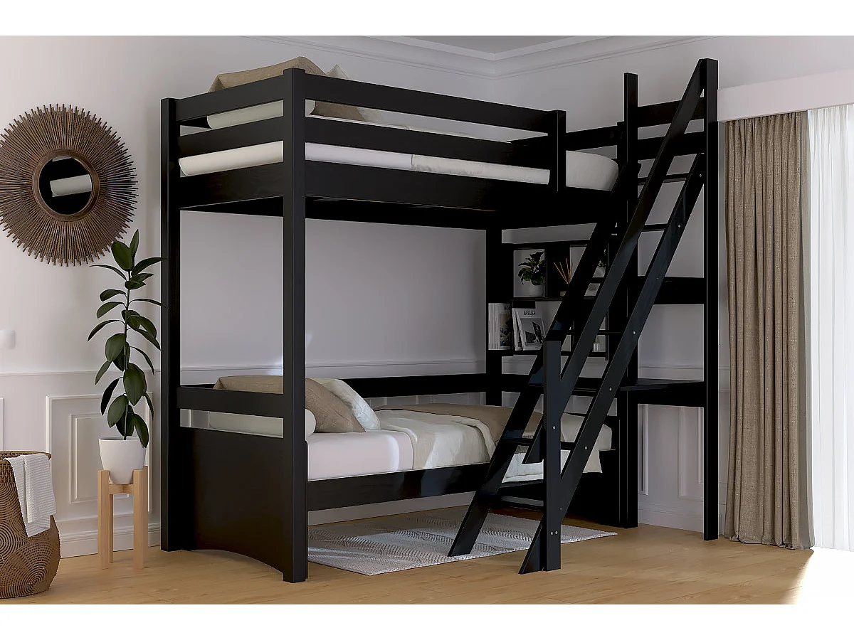 Lit Mezzanine bois Sylvia 90x200 avec escalier de meunier, Noir