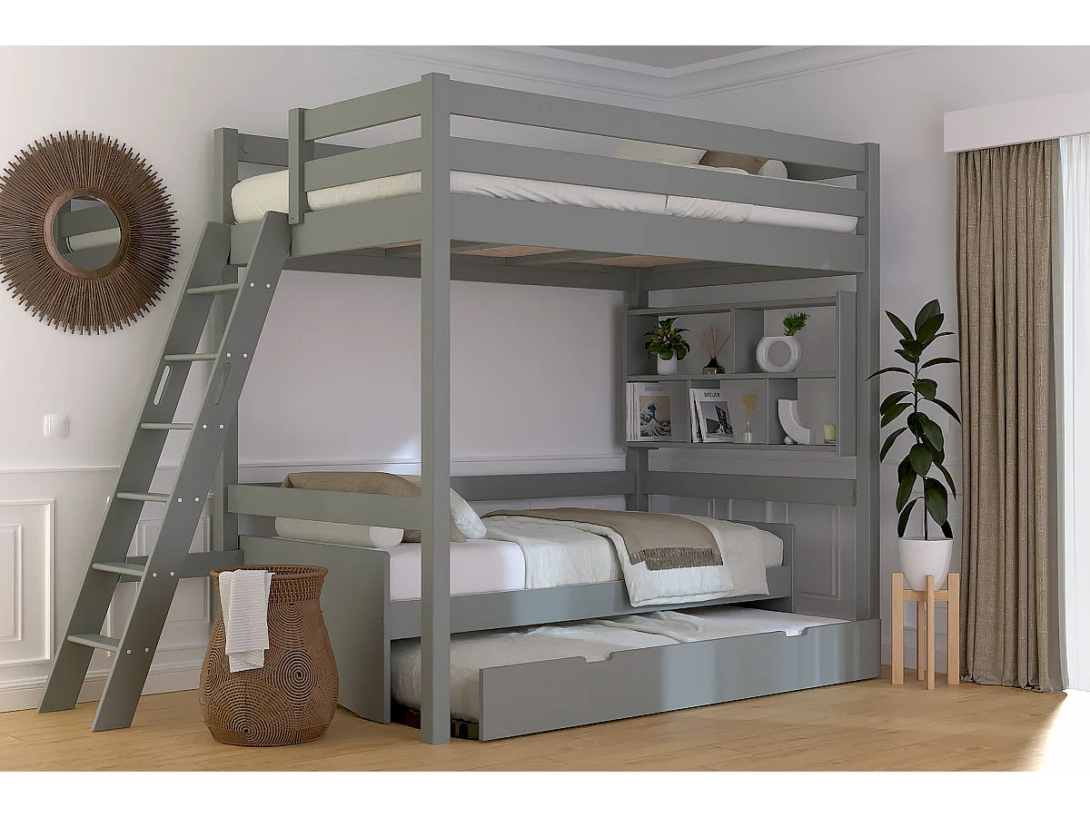 Lit mezzanine 1 place bois Sylvia 120x200 échelle inclinée, Gris