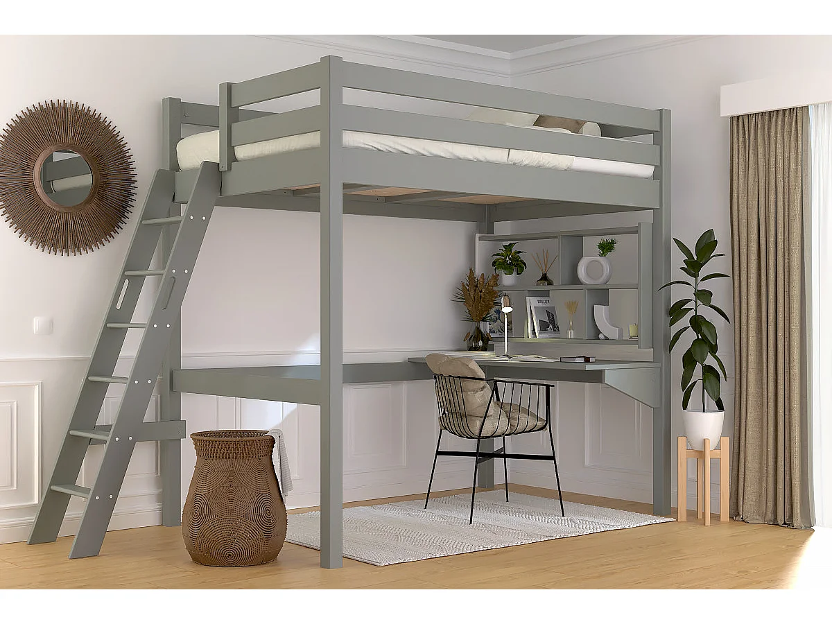 Lit mezzanine 1 place bois Sylvia 120x200 échelle inclinée, Gris